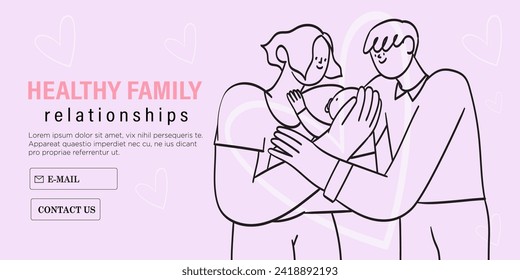 Happy family hug. Parents with cuddle embrace with love, support. Mother, father, newborn baby spend time together. Bonding relationship concept. Flat vector illustration in simple abstract style.