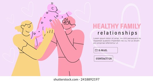 Happy family hug. Parents with cuddle embrace with love, support. Mother, father, newborn baby spend time together. Bonding relationship concept. Flat vector illustration in simple abstract style.