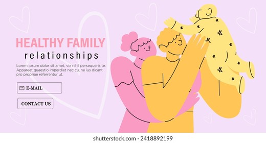 Happy family hug. Parents with cuddle embrace with love, support. Mother, father, newborn baby spend time together. Bonding relationship concept. Flat vector illustration in simple abstract style.