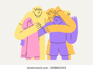 Happy family hug or posing. Parents and kids embrace with love, support. Mother, father, children spend time together. Bonding relationship concept. Flat vector illustration in simple abstract style.