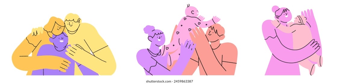 Feliz conjunto de abrazos de la familia. Los padres con hijos se abrazan con amor, Asistencia. Madre, padre, bebé recién nacido, los niños pasan tiempo juntos. Ilustración vectorial de relaciones de enlace en estilo abstracto simple.