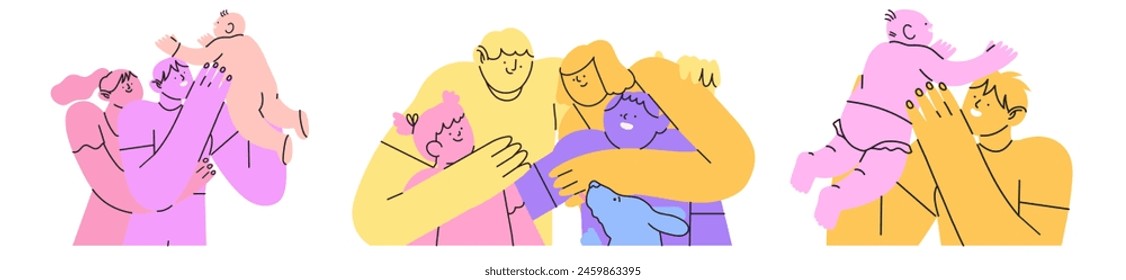 Happy family hug set. Parents with kids embrace with love, support. Mother, father, newborn baby, children spend time together. Bonding relationship vector illustration in simple abstract style.