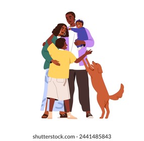 Happy family hugging. African-American mother, father, kids and dog. Black people, mom, dad, baby, child and pet embracing together. Flat graphic vector illustration isolated on white background