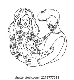 Happy family hugging with child. Coloring page. Smiling mother, father and kid. Hand drawn outline vector illustration isolated on white background.