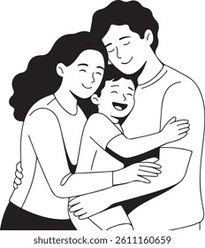 Happy Family Hugging Close Up black and white  vector Illustration
