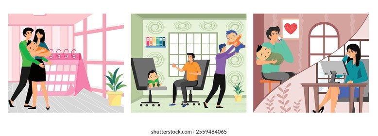 Happy Family Hugging at Home. Father Feeding Child, Playing with Toddler. Young man on call with wife working at office. Set flat vector modern illustration 