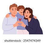 Happy family hugging. Mom dad and son. Heart symbol with hands.Happy parents embracing their adopted  son