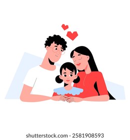 Happy Family Hugging Their Daughter, Flat Vector Illustration Symbolizing Love, Parenthood, Family Bonding, And Emotional Connection, Isolated On White Background