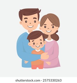 Happy Family Hugging Together. A joyful family consisting of a father, mother, and child embracing each other warmly, depicted in a charming vector illustration style