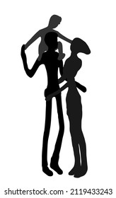 Happy family hugging together vector silhouette illustration isolated on white background. Mother father and child on fathers shoulders. Love and closeness parents and kid. Tenderness man and woman.