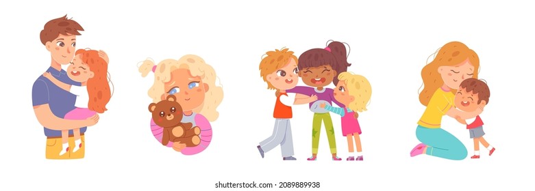 Happy family hugs between kids and parents or little friends vector illustration. Cartoon mother on knees embracing son, father and daughter hugging, children standing together isolated on white