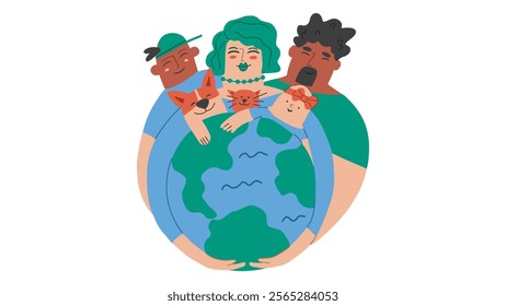 Happy family hugs the Earth. Environmental concept vector illustration. People save and love  planet design.