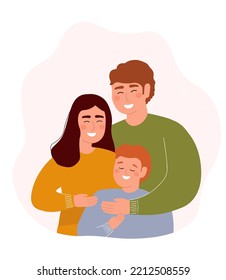 Happy family hugs. Mom, Dad, son together. Vector graphics.