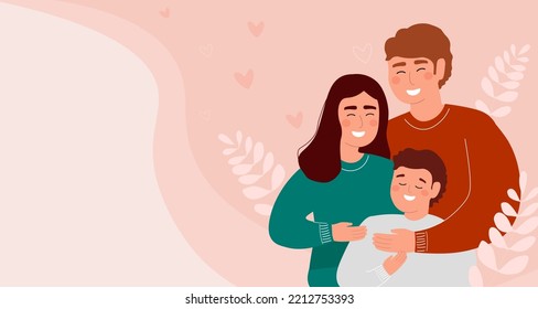 Happy family hugs. Mother, father, son together. Vector graphics. Horizontal banner with copy space.