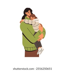 Happy family hugs together. Mother holds kid on hands and cute daughter embraces her. Parent cares about little girl. Love expression to child. Flat isolated vector illustration on white background