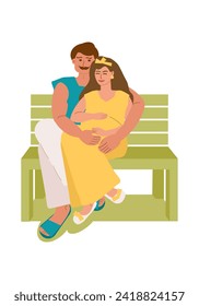 Happy family, husband hugs pregnant wife on a bench in summer. Happy couple expecting a child, future parents. Family leisure, summer walk, love, care. Vector color illustration.