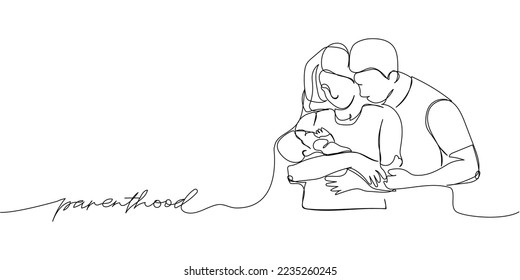 Happy family, husband, wife and child one line art with an inscription parenthood. Continuous line drawing of newborn, motherhood, family, love, mutual understandin, married couple.