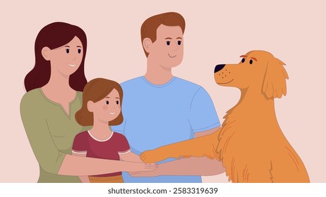 Happy family of husband, wife and daughter together with cute dog put hands together in team gesture as a sign of support and team spirit