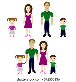 Happy family, husband, wife, son and daughter. They hold hands and go forward. Vector image.
