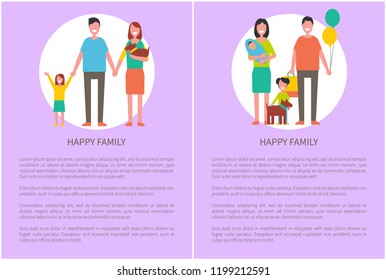 Happy family icon in cartoon style vector banner. Smiling couple with children and pet holding hands, mother with baby in arms, packages and balloons