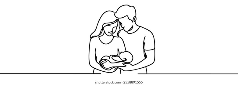 Happy family icon. Little child, dad, and mom. Happy Mother's Day card. Continuous one-line drawing. The woman holds her baby inside her heart.