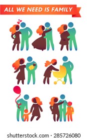 Happy family icon multicolored set in simple figures. Children, dad and mom stand together. Vector can be used as logotype