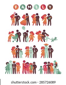 Happy family icon multicolored set in simple figures. Children, dad and mom stand together. Vector can be used as logotype