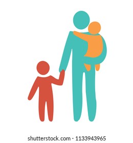 Happy family icon multicolored in simple figures. Two children and dad stand together. Vector can be used as logotype.