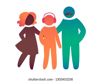 Happy family icon multicolored in simple figures. Teenager, dad and mom stand together. Vector can be used as logotype.