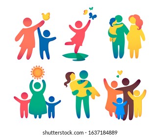 Happy family icon multicolored in simple figures set. Children, dads and moms stand together. Vectors can be used as logotype.