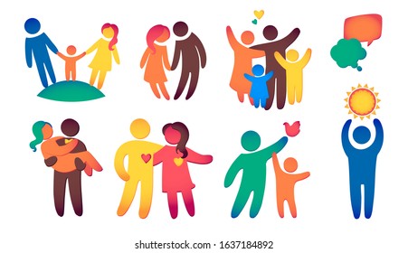 Happy family icon multicolored in simple figures set. Children, dads and moms stand together. Vectors can be used as logotype.