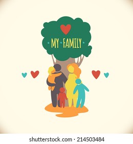 Happy family icon multicolored in simple figures. three children, father and pregnant mother stand under a tree. Vector can be used as logotype