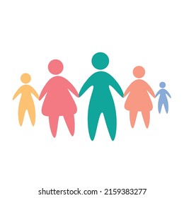 Happy family icon multicolored in simple figures. Two children, dad and mom stand together. Vector can be used as logotype.