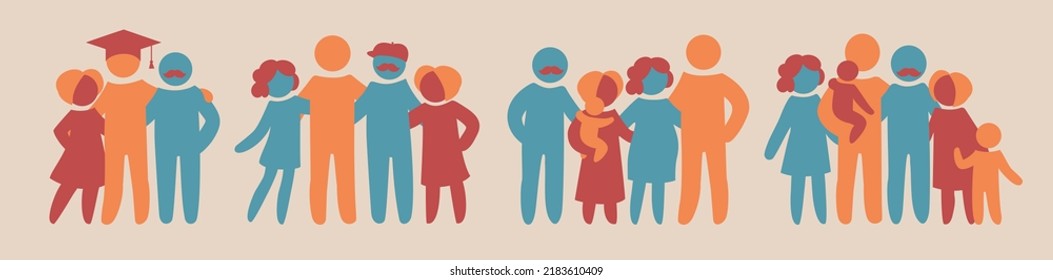 Happy family icon multicolored in simple figures set. Part 3. Dad, mom and ltheir adult baby stand together. Parents becole grandparents. Family and children. Vectors can be used as logotype or cuttin