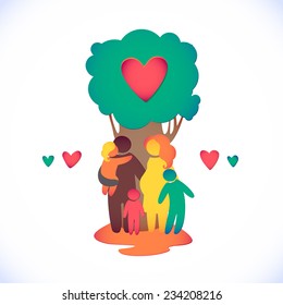 Happy family icon multicolored in simple figures. Three children, dad and mom stand together under the tree. Vector can be used as logotype