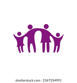 Happy family icon multicolored in simple figures. Two children, dad and mom stand together. Vector can be used as logotype.