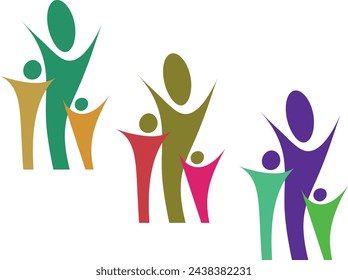 Happy family icon multicolored in simple figures. Two children, dad and mom stand together. Vector can be used as logotype