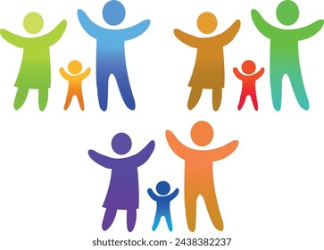Happy family icon multicolored in simple figures. Two children, dad and mom stand together. Vector can be used as logotype