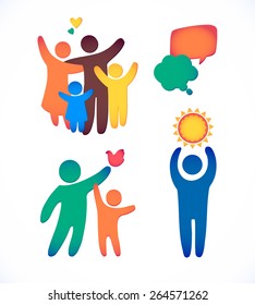 Happy family icon multicolored in simple figures set. Children, dad and mom stand together. Vector can be used as logotype 