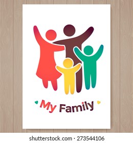 Happy family icon multicolored in simple figures. two children, dad and mom stand together. Vector can be used as logotype. Card illustration