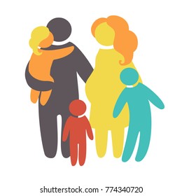 Happy family icon multicolored in simple figures. Three children, dad and mom stand together. Vector can be used as logo.