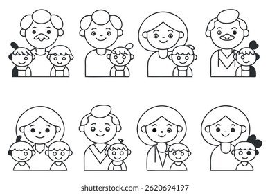 Happy Family Icon Set – Hand-Drawn Outline Illustrations
