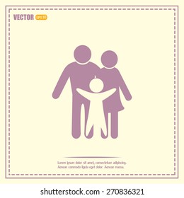 Happy family icon in simple figures, dad, mom and child stand to