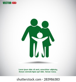 Happy family icon in simple figures, dad, mom and child stand to