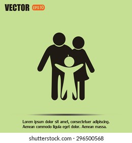 Happy family icon in simple figures, dad, mom and child stand to