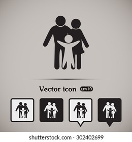 Happy family icon in simple figures, dad, mom and child stand to