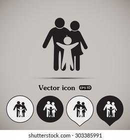 Happy family icon in simple figures, dad, mom and child stand to