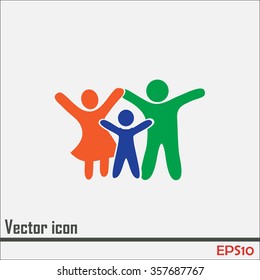 Happy family icon in simple figures, dad, mom and child stand together. Vector can be used as logotype