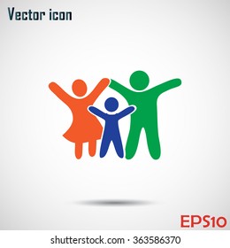 Happy family icon in simple figures, dad, mom and child stand to