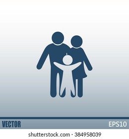 Happy family icon in simple figures, dad, mom and child stand to